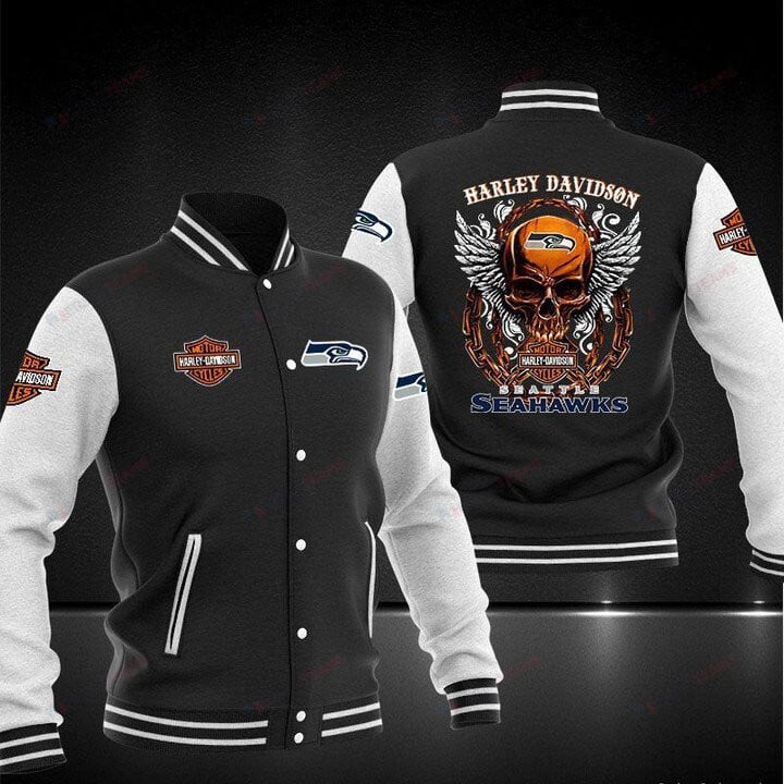 Seattle Seahawks Black Skull Harley Davidson - AOP Varsity Jacket - All-Over-Printed Jacket
