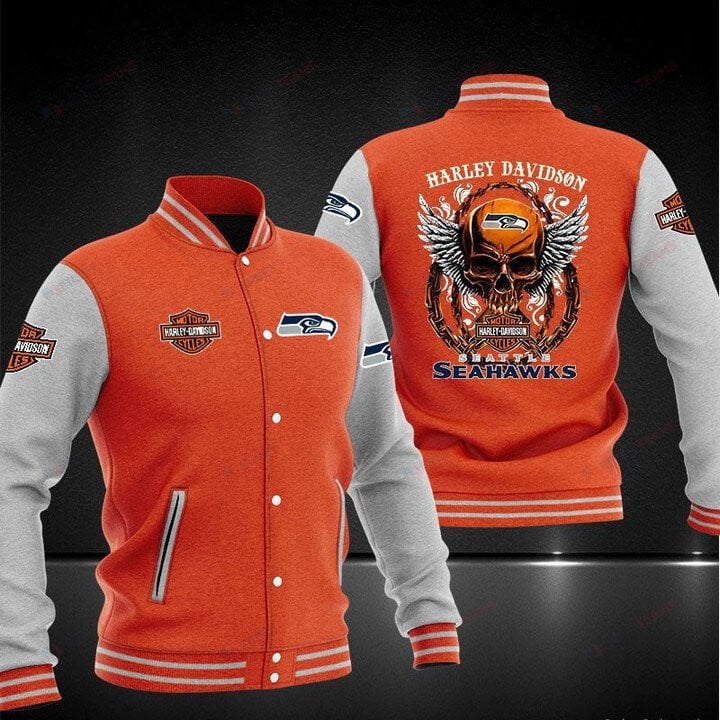 Seattle Seahawks Orange Skull Harley Davidson - AOP Varsity Jacket - All-Over-Printed Jacket