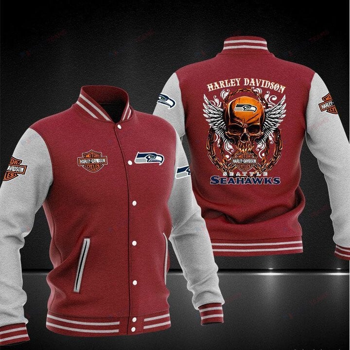 Seattle Seahawks Red Skull Harley Davidson - AOP Varsity Jacket - All-Over-Printed Jacket