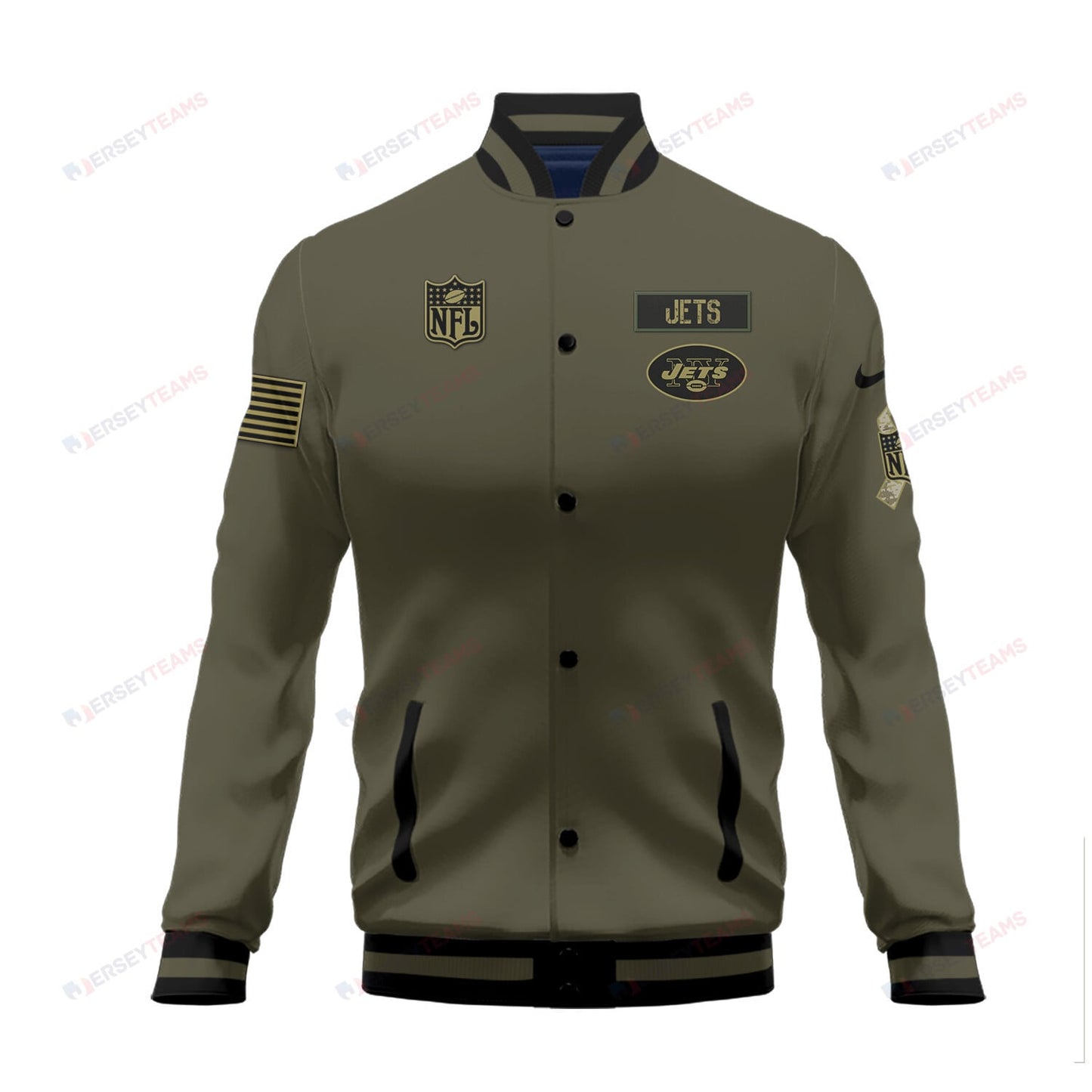 New York Jets 2023 Salute To Service Club Baseball Jacket Varsity Jacket - Green - All-Over-Printed Jacket
