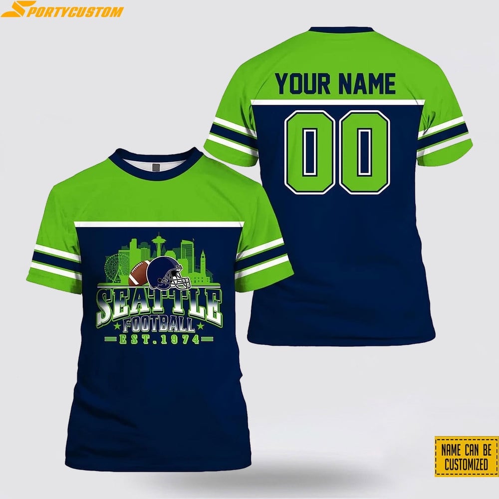 Seattle Seahawks Custom Name & Number All Over Printed T-Shirt - Navy/Green