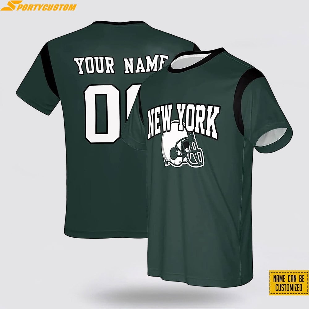 New York Jets Helmet Custom Name & Number All Over Printed T-Shirt - Dark Green