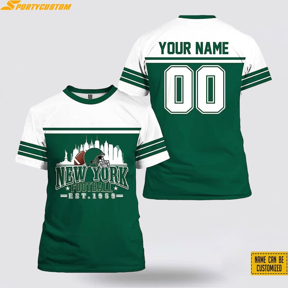 New York Jets Helmet Custom Name & Number All Over Printed T-Shirt - Green/White