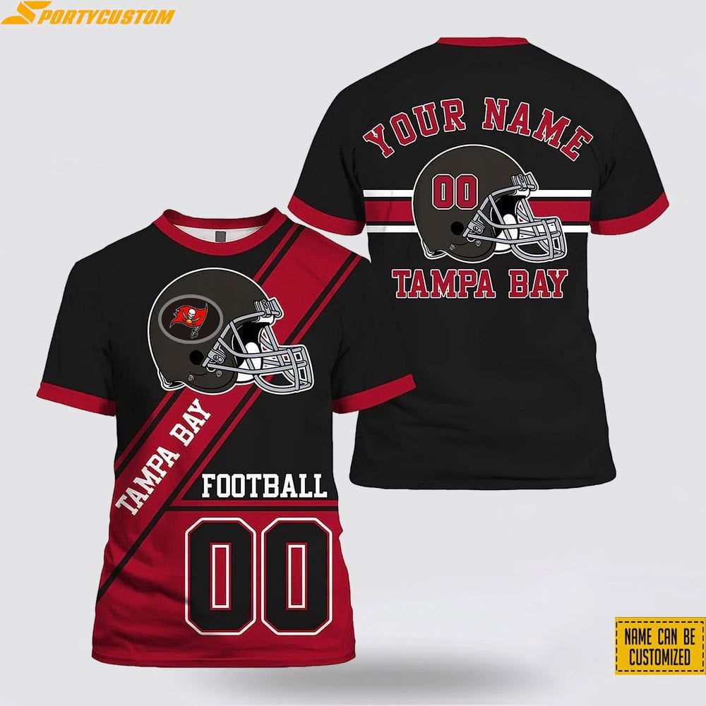 Tampa Bay Buccaneers Helmet Custom Name & Number All Over Printed T-Shirt - Black/Red