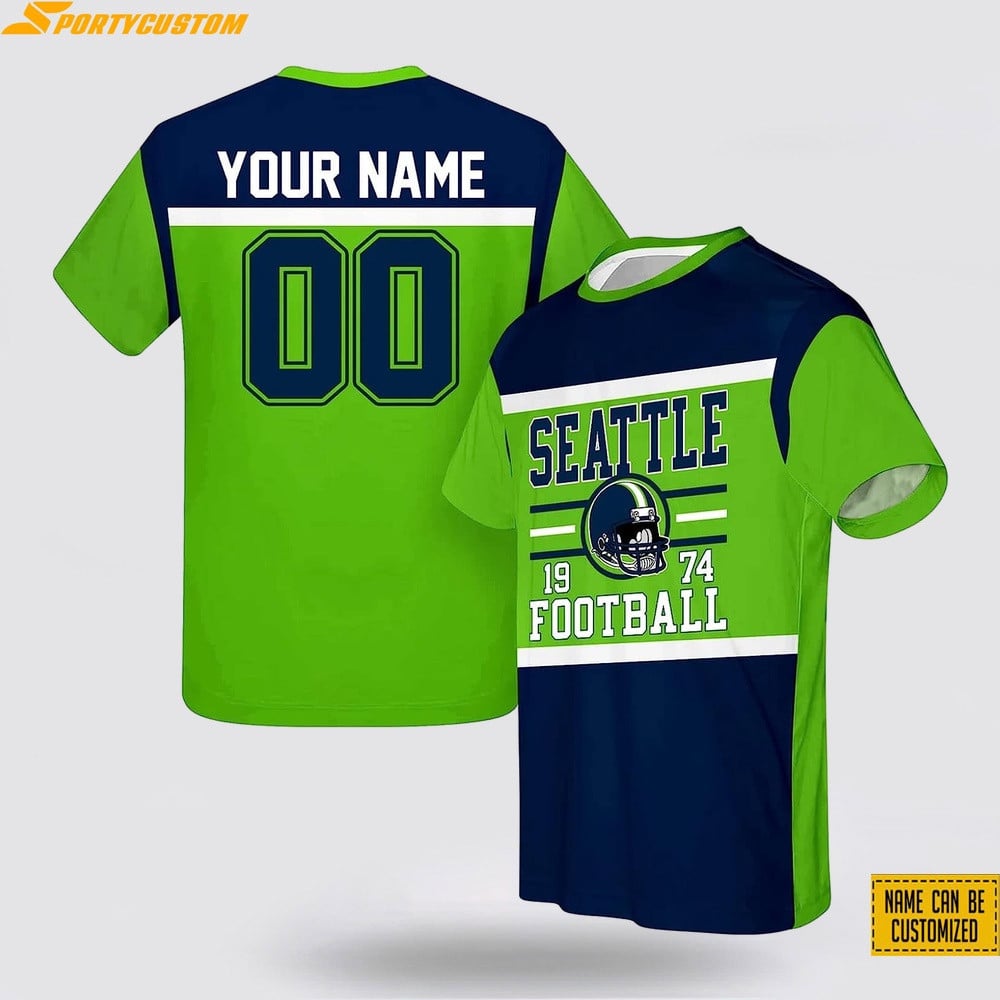 Seattle Seahawks Helmet Football Custom Name & Number All Over Printed T-Shirt - Navy/Green