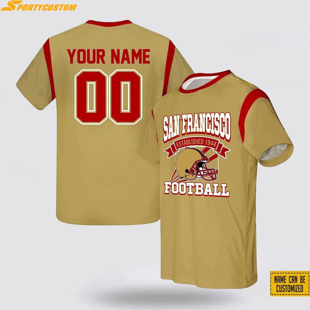 San Francisco 49ers Helmet Football Custom Name & Number All Over Printed T-Shirt - Gold
