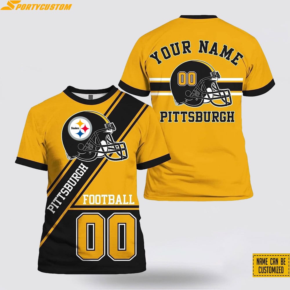 Pittsburgh Steelers Helmet Custom Name & Number All Over Printed T-Shirt - Gold/Black