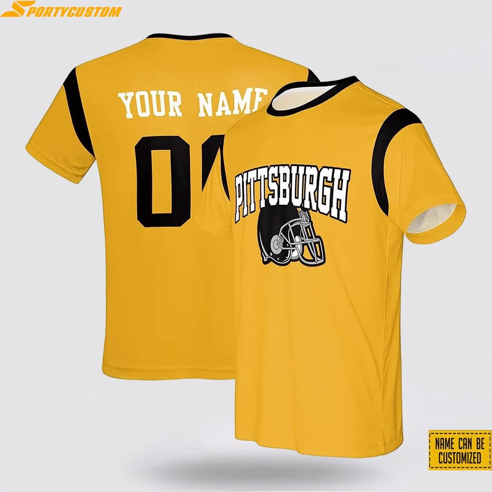 Pittsburgh Steelers Helmet Custom Name & Number All Over Printed T-Shirt - Gold