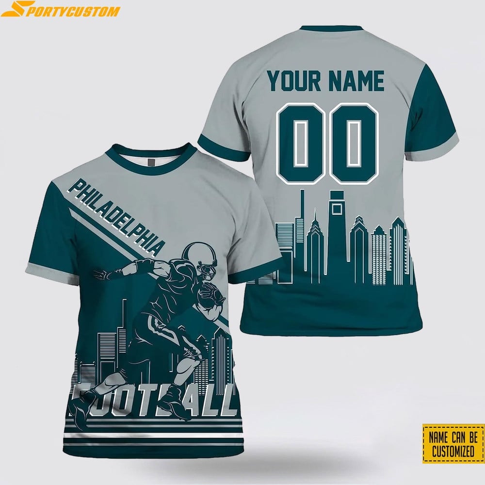 Philadelphia Eagles Player Custom Name & Number All Over Printed T-Shirt - Silver/Midnight Green