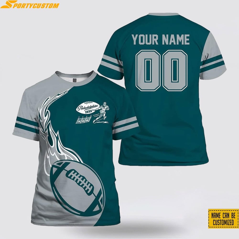 Philadelphia Eagles Fireball Custom Name & Number All Over Printed T-Shirt - Silver/Midnight Green