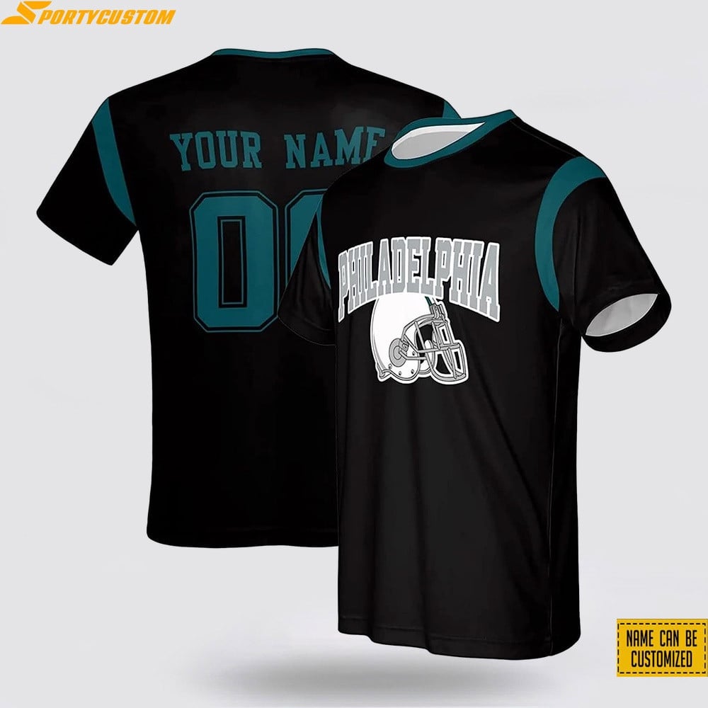 Philadelphia Eagles Helmet Custom Name & Number All Over Printed T-Shirt - Black