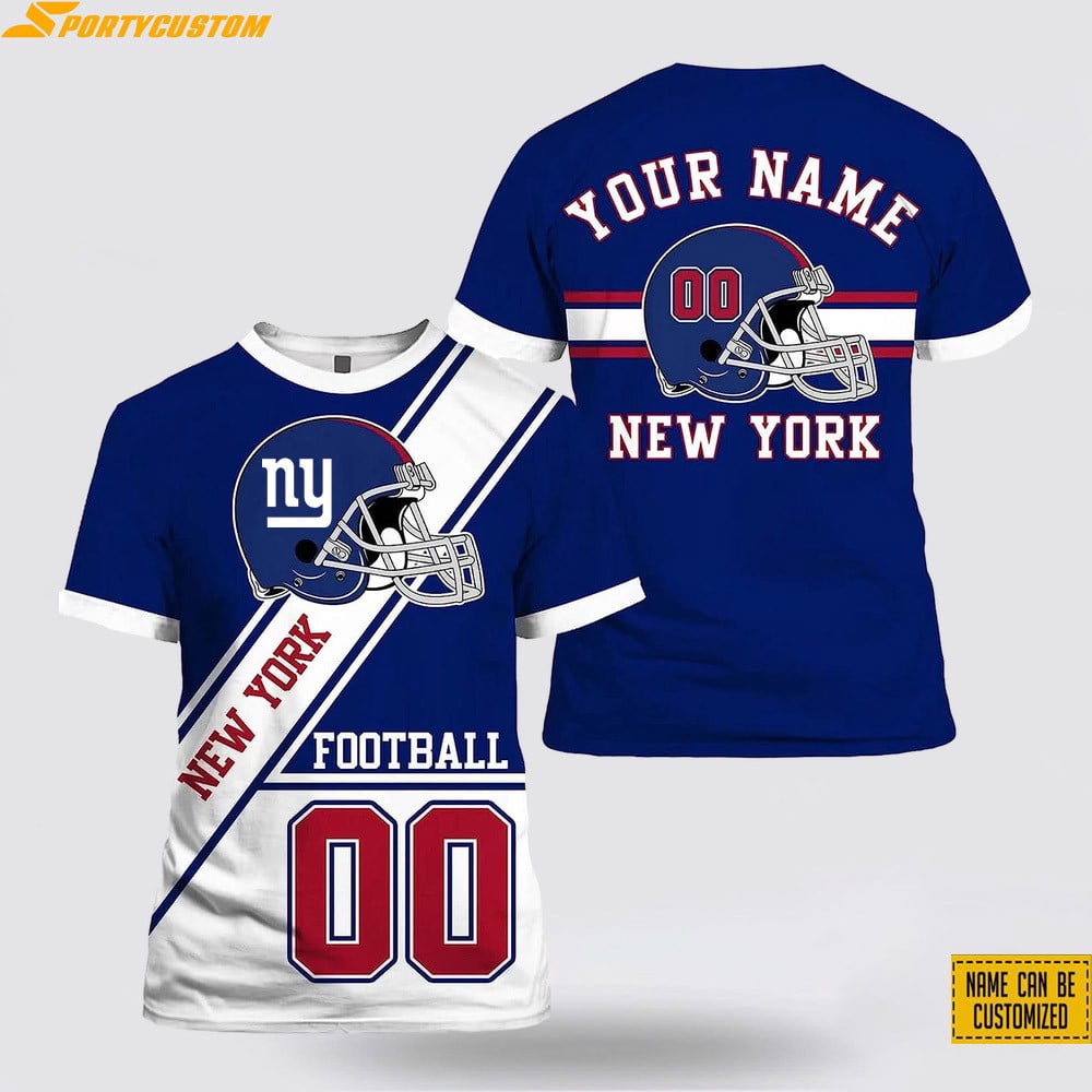 New York Giants Helmet Custom Name & Number All Over Printed T-Shirt - Navy/White