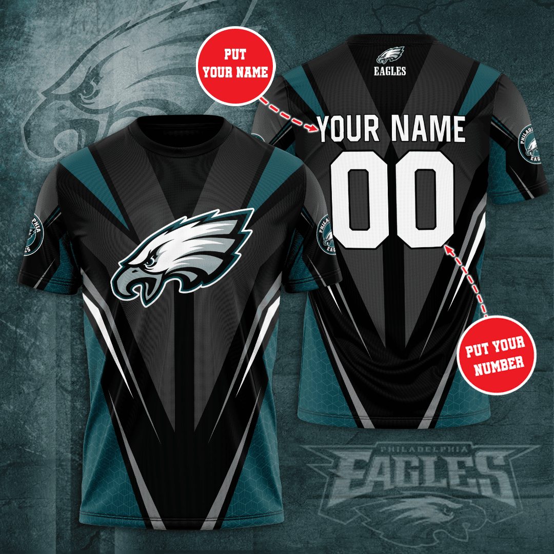 Philadelphia Eagles Triangle Custom Name & Number All Over Printed T-Shirt - Black
