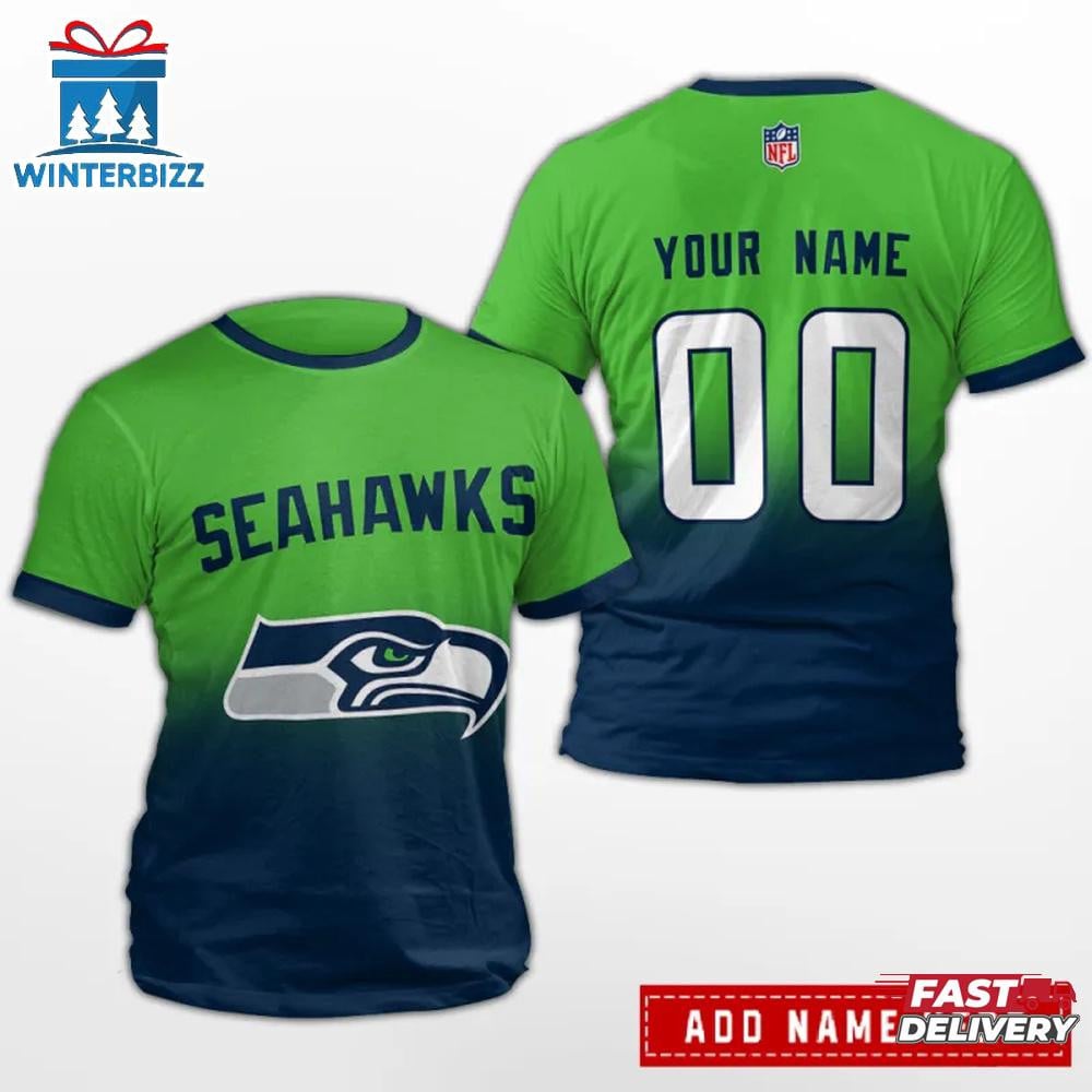 Seattle Seahawks Custom Name & Number All Over Printed T-Shirt - Green/Navy