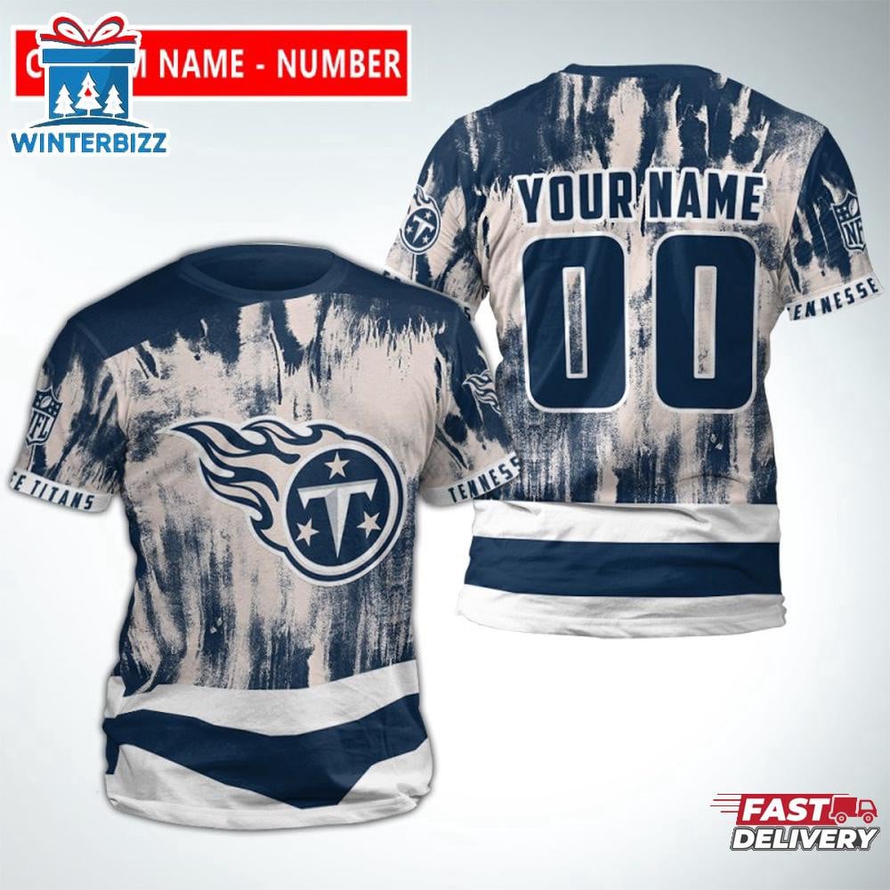 Tennessee Titans Color Bleeding Custom Name & Number All Over Printed T-Shirt - Navy/White