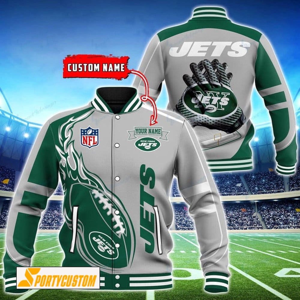 New York Jets Fireball Custom Name Baseball Jacket Varsity Jacket - Silver - All-Over-Printed Jacket