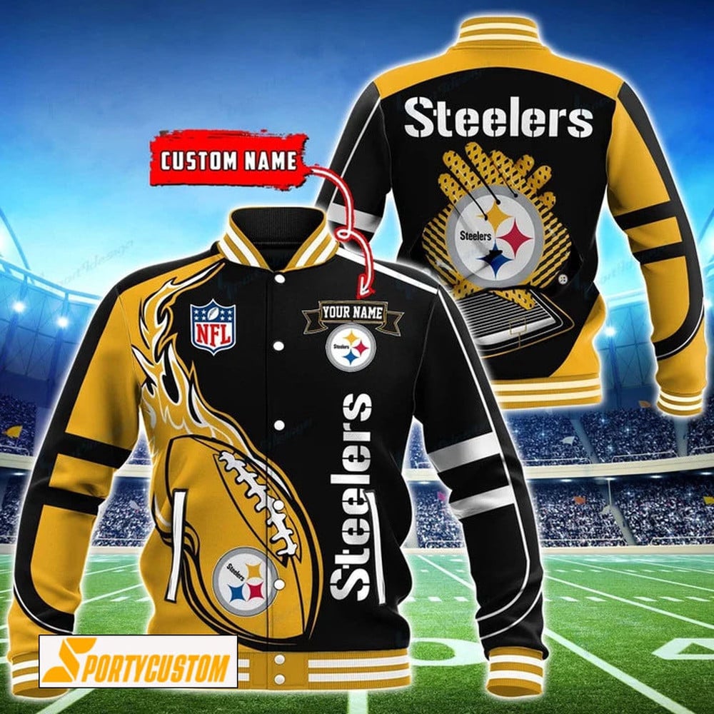 Pittsburgh Steelers Fireball Custom Name Baseball Jacket Varsity Jacket - Black - All-Over-Printed Jacket