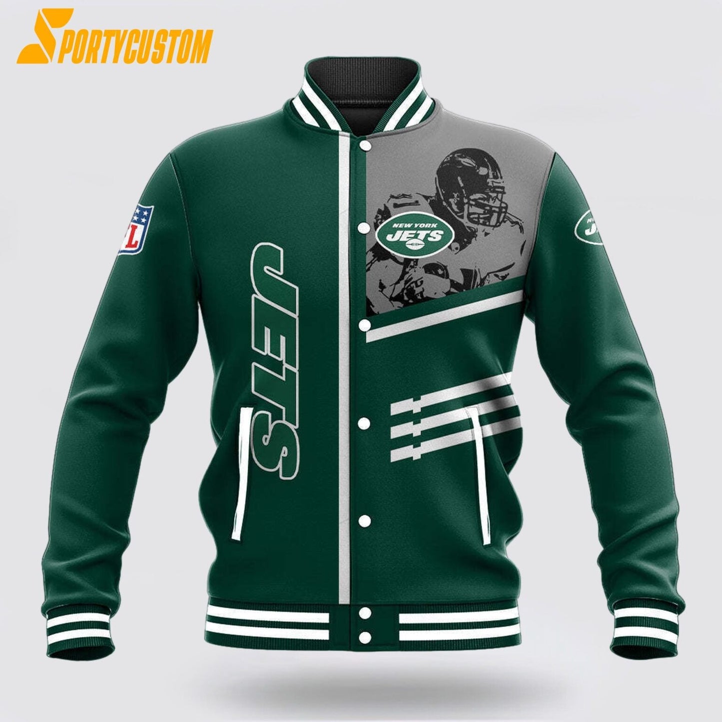 New York Jets Player Baseball Jacket Varsity Jacket - Green - All-Over-Printed Jacket