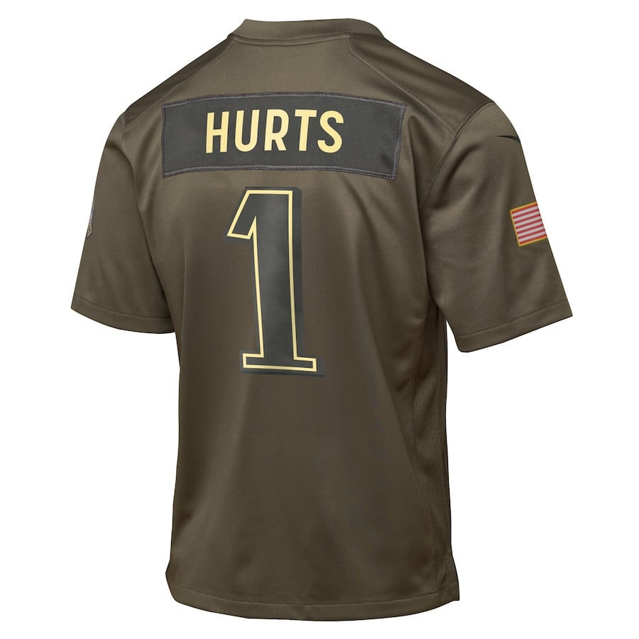 Jalen Hurts 1 Philadelphia Eagles 2025 Salute to Service YOUTH Jersey - Olive