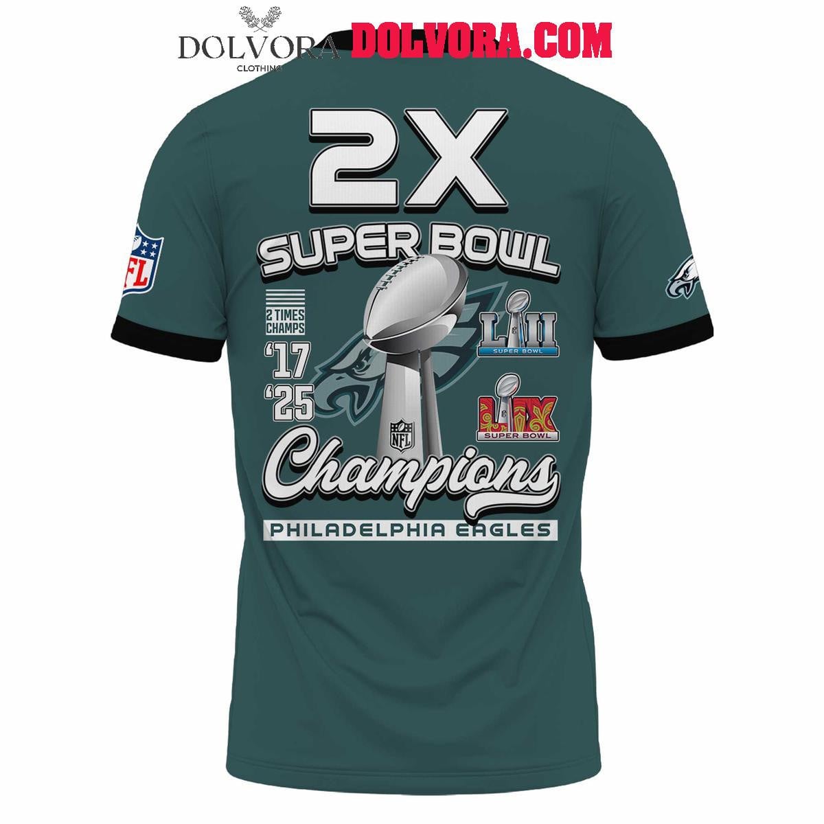 Philadelphia Eagles Super Bowl LIX The Champions 2025 Football All Over Printed T-Shirt - Midnight Green