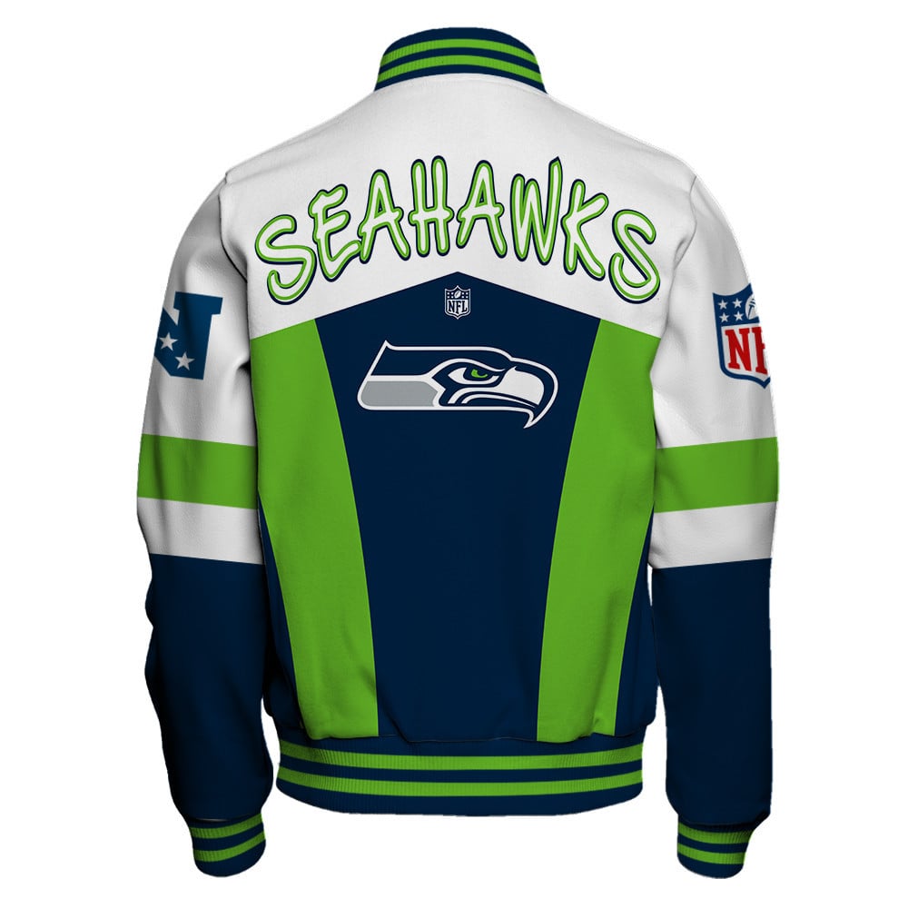 Seattle Seahawks Unique Double-Striped Cuff, Retro Style Varsity Jacket