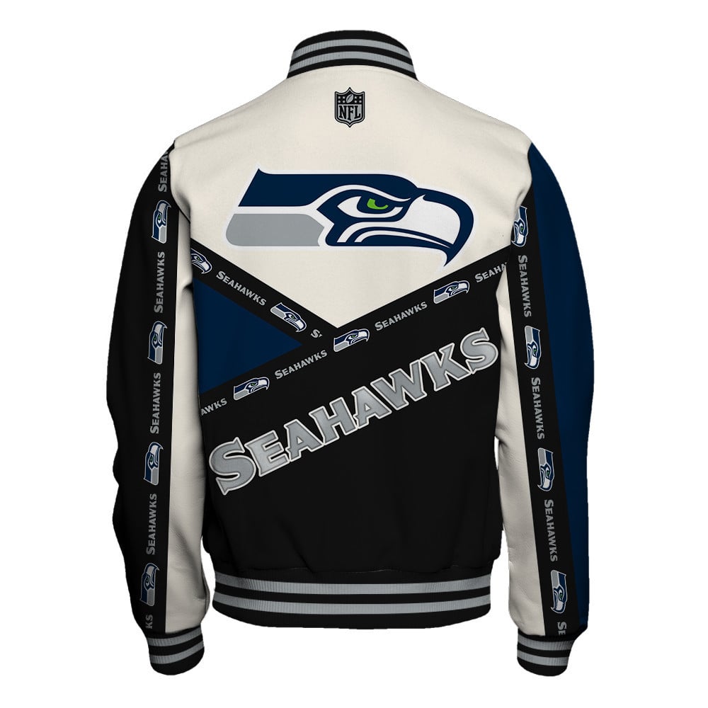 Seattle Seahawks Striped Cuffs & Logo Details Down the Sleeves Varsity Jacket