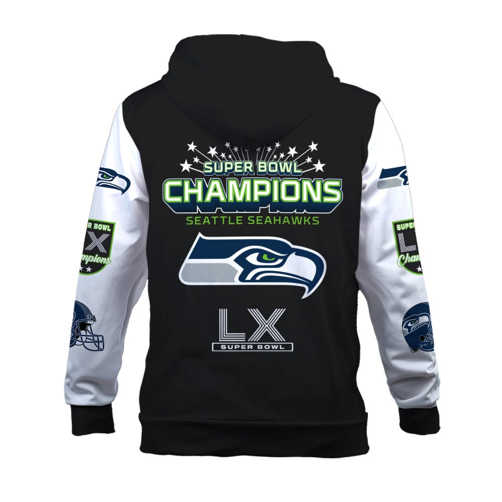 Seattle Seahawks Super Bowl LX Champions Wordmark 3D Hoodie