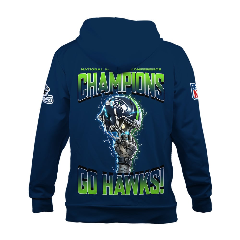 Seattle Seahawks NFC Champions 2025 – Fiery Lightning Hoodie