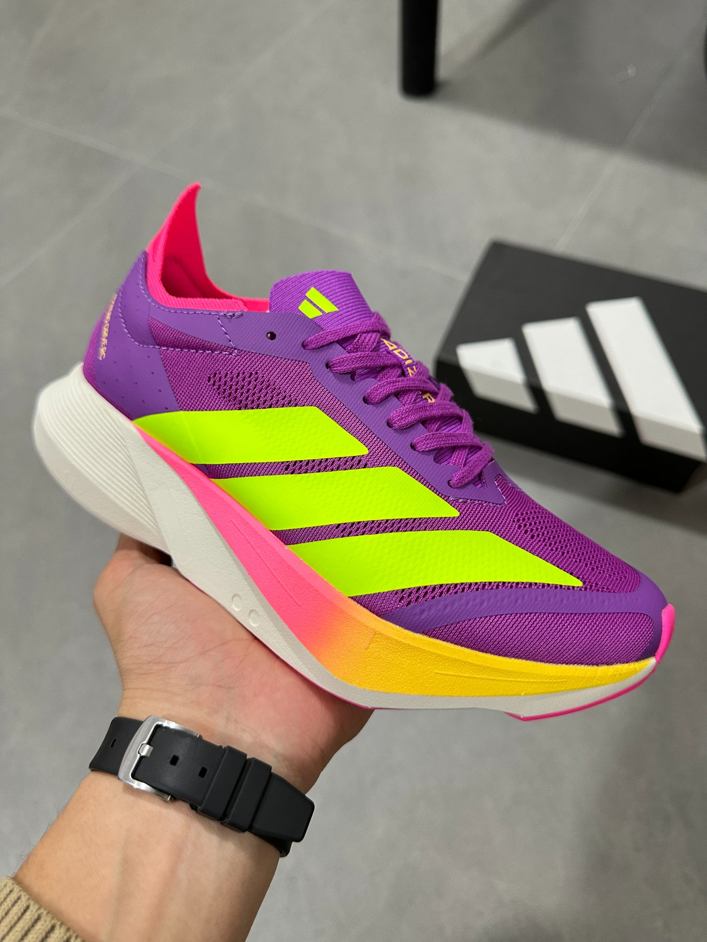 Adidas ADIZERO DRIVE RC Purple / Solar Yellow / Pink colorway