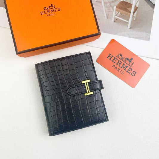 H Bearn Compact Wallet 'Black Alligator' (Gold Hardware)