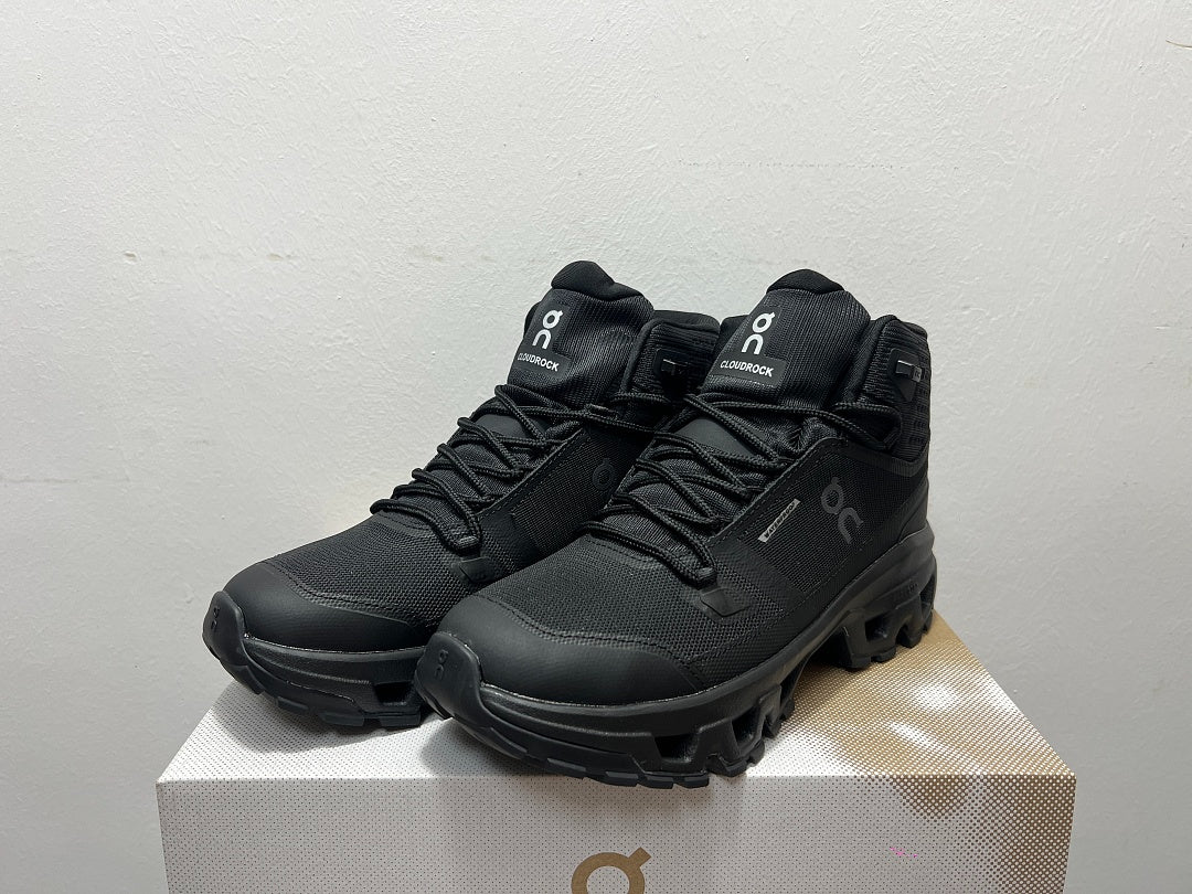 On Cloudrock Mid Waterproof Hiking Boots in All Black / Triple Black