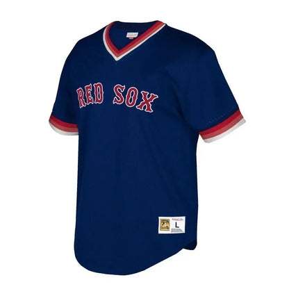 Boston Red Sox Mitchell And Ness Big And Tall Cooperstown Collection Mesh Wordmark V-neck Jersey - Navy Color