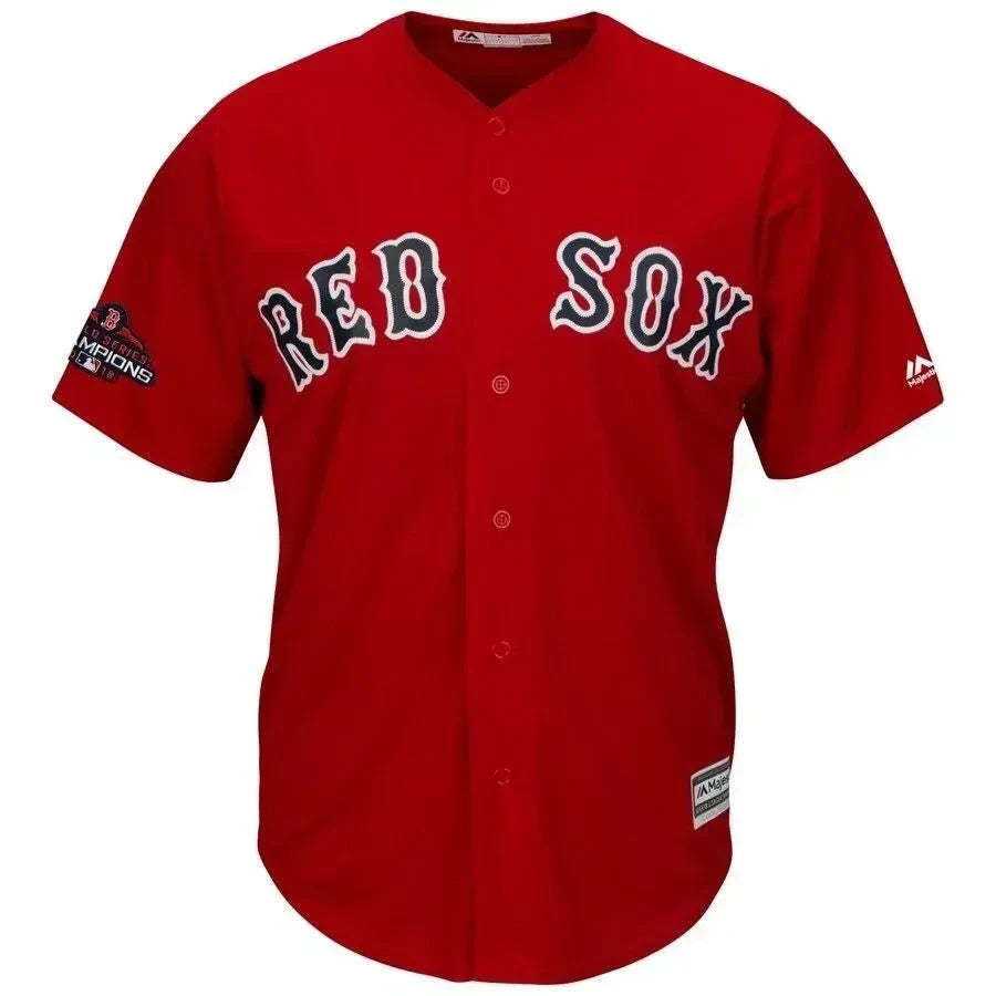 Steve Pearce Boston Red Sox 2018 World Series Champions Team Logo Player Jersey - Scarlet