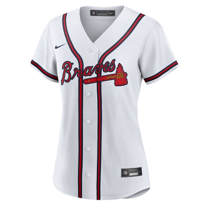 Ronald Acuña Jr. 13 Atlanta Braves Signed Posture 2023 Home Player Women Jersey - White Red