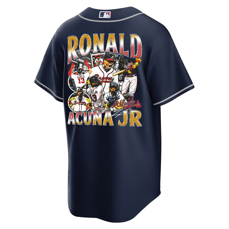 Ronald Acuña Jr. 13 Atlanta Braves Signed Posture 2023 Alternate Player Men Jersey - Navy
