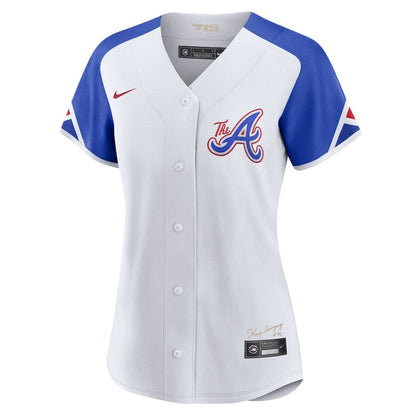 Ronald Acuña Jr. 13 Atlanta Braves Signed MVP 2023 City Connect Player Women Jersey - White Blue