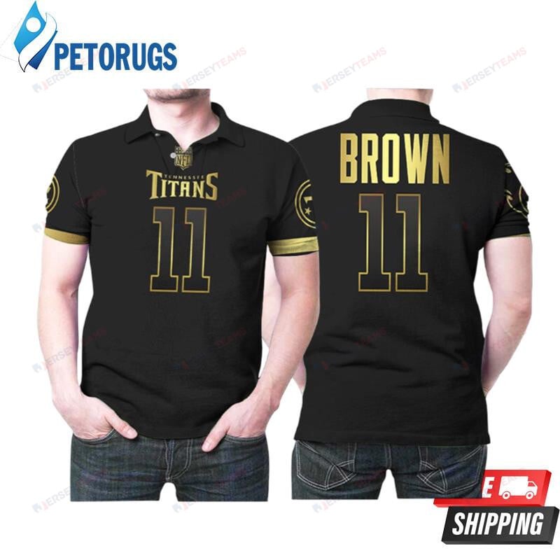 A J Brown 11 Tennessee Titans America Football Team Logo Black Golden Printed Polo Shirt