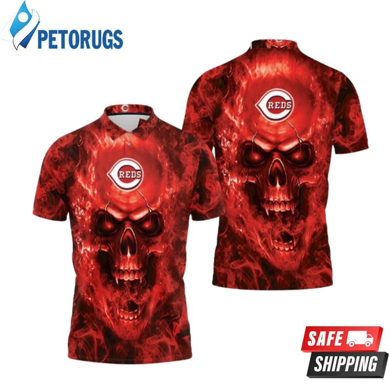 Cincinnati Reds Fire Skull Printed Polo Shirt