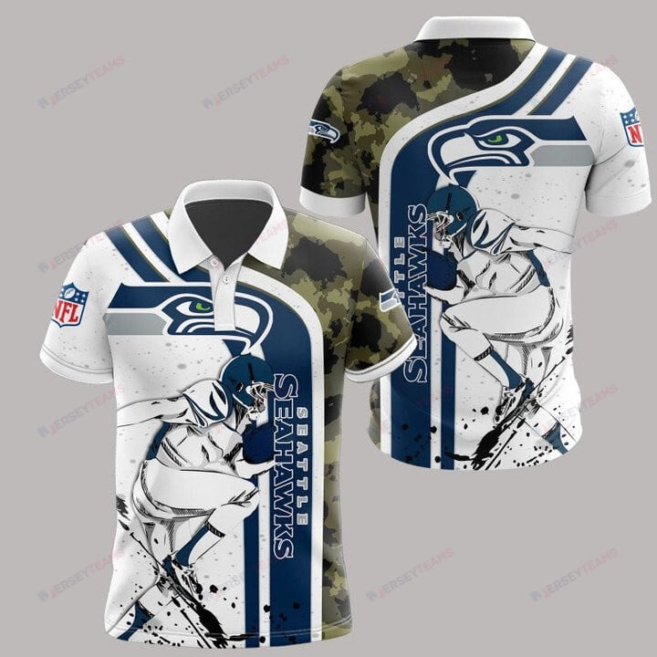 Seattle Seahawks Printed Polo Shirt - White Navy Camo