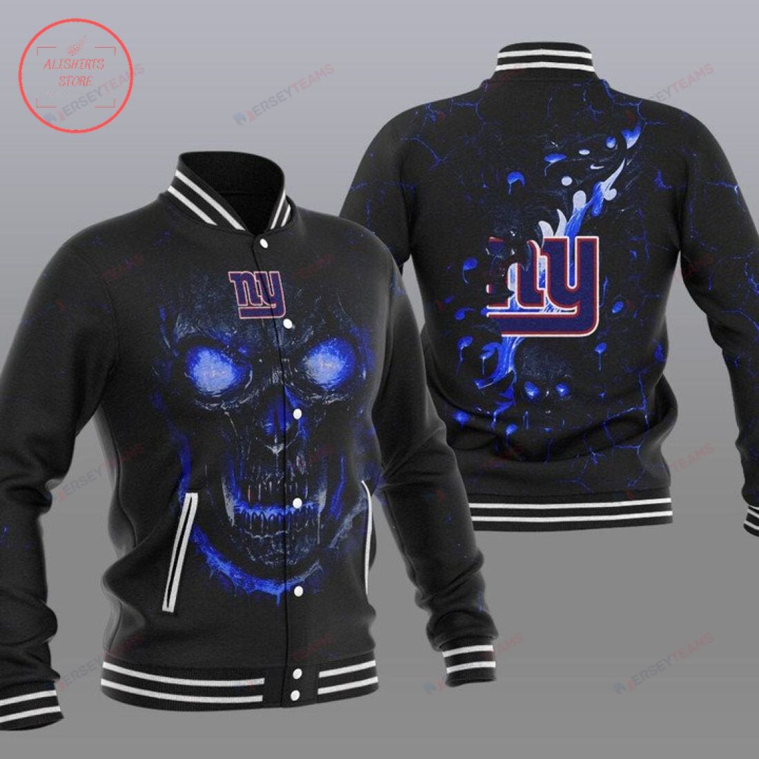 New York Giants Black Skull - AOP Varsity Jacket - All-Over-Printed Jacket
