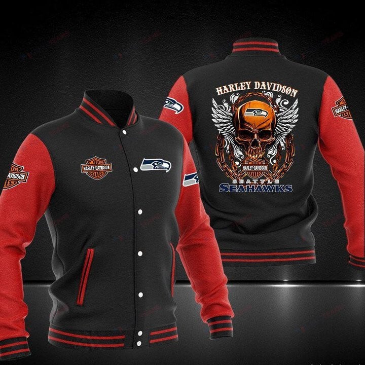 Seattle Seahawks Black Red Skull Harley Davidson - AOP Varsity Jacket - All-Over-Printed Jacket