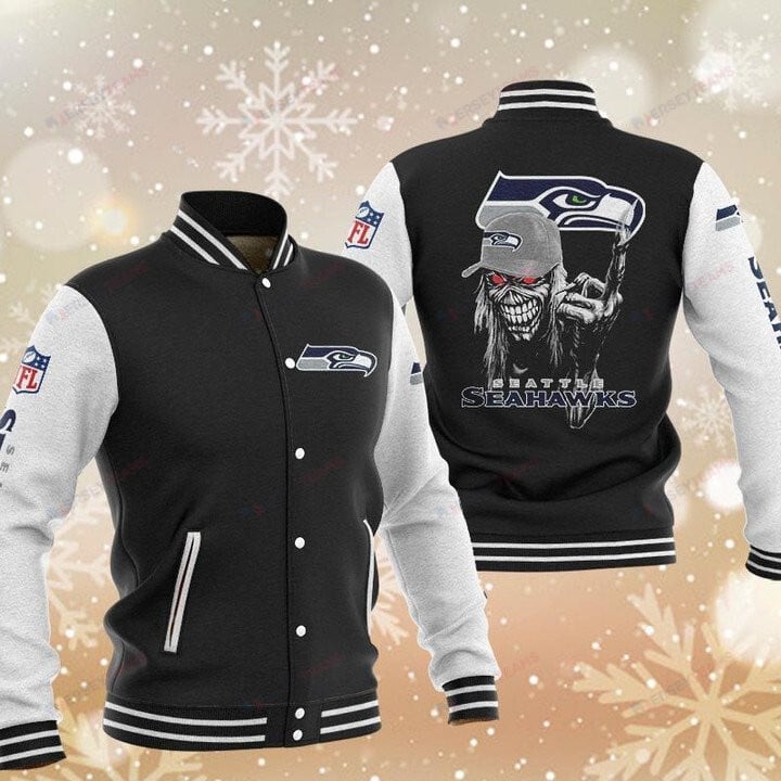 Seattle Seahawks Black Iron Maiden - AOP Varsity Jacket - All-Over-Printed Jacket