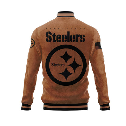 Pittsburgh Steelers 2023 Salute To Service Club Baseball Jacket Varsity Jacket - Brown - All-Over-Printed Jacket