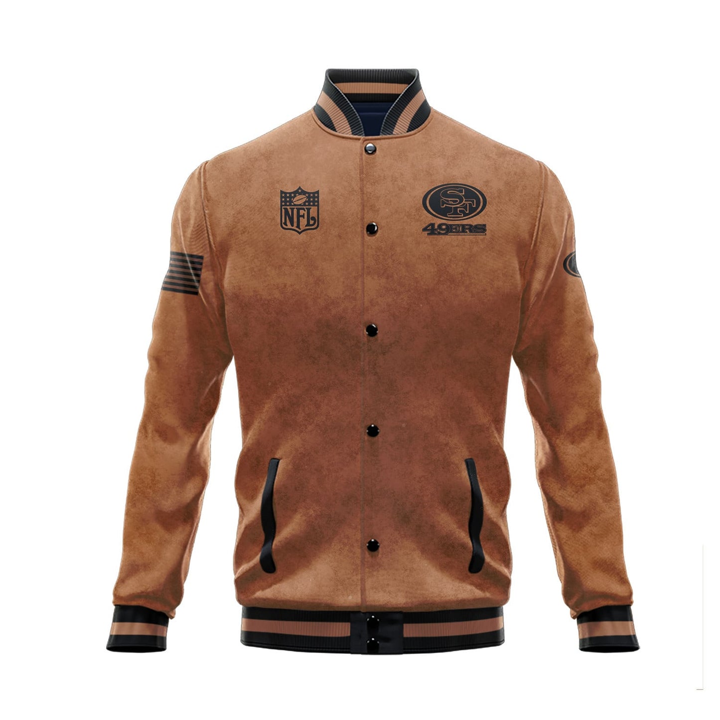 San Francisco 49ers 2023 Salute To Service Club Baseball Jacket Varsity Jacket - Brown - All-Over-Printed Jacket