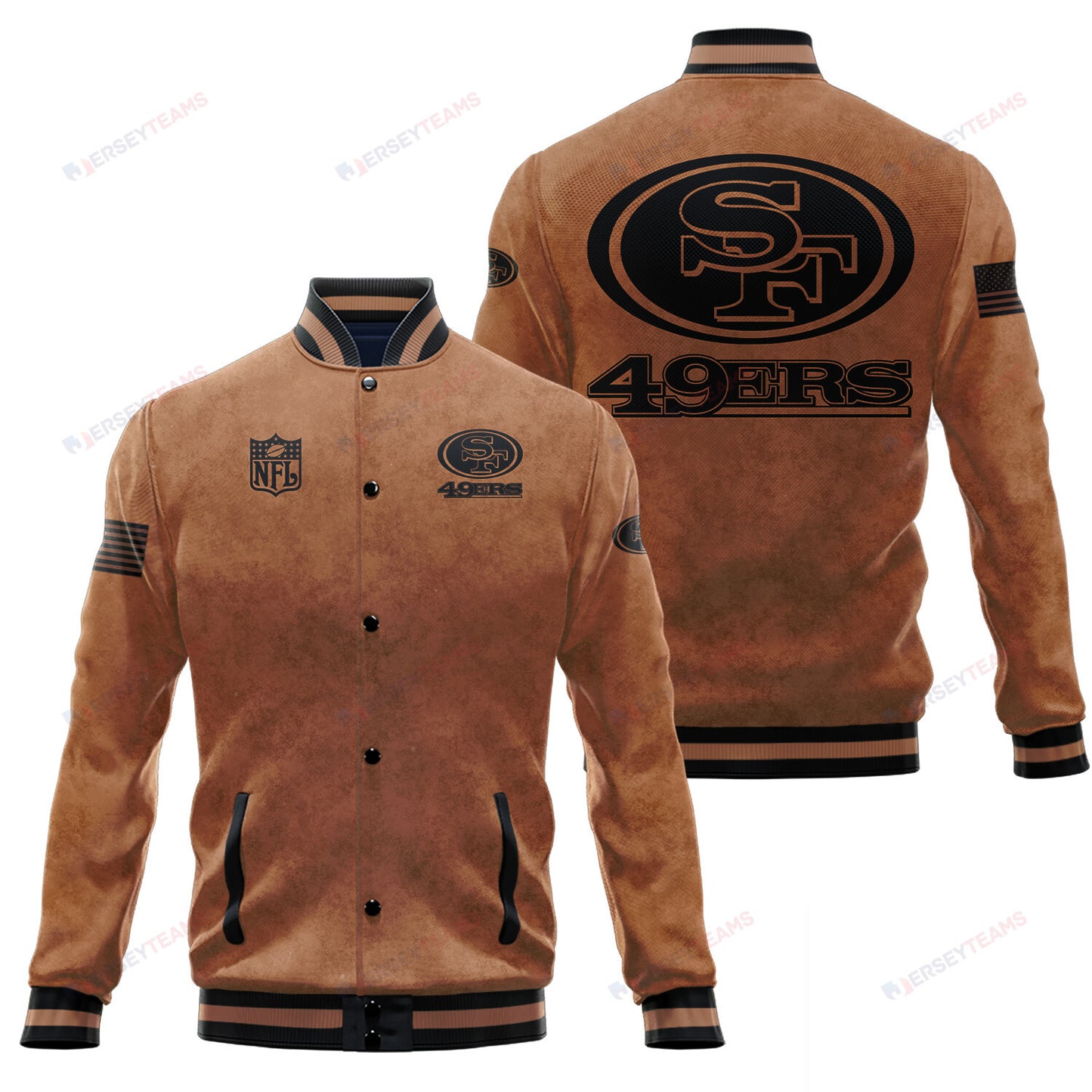 San Francisco 49ers 2023 Salute To Service Club Baseball Jacket Varsity Jacket - Brown - All-Over-Printed Jacket