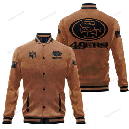 San Francisco 49ers 2023 Salute To Service Club Baseball Jacket Varsity Jacket - Brown - All-Over-Printed Jacket