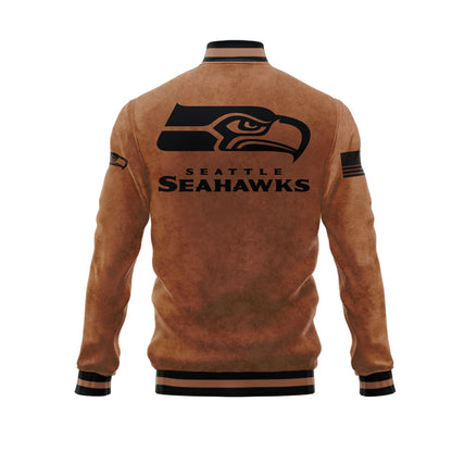 Seattle Seahawks 2023 Salute To Service Club Baseball Jacket Varsity Jacket - Brown - All-Over-Printed Jacket