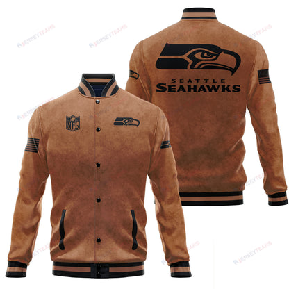 Seattle Seahawks 2023 Salute To Service Club Baseball Jacket Varsity Jacket - Brown - All-Over-Printed Jacket
