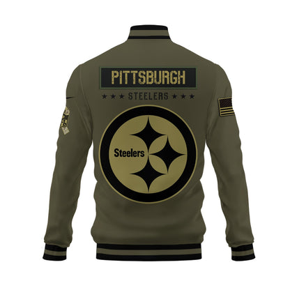 Pittsburgh Steelers 2023 Salute To Service Club Baseball Jacket Varsity Jacket - Green - All-Over-Printed Jacket