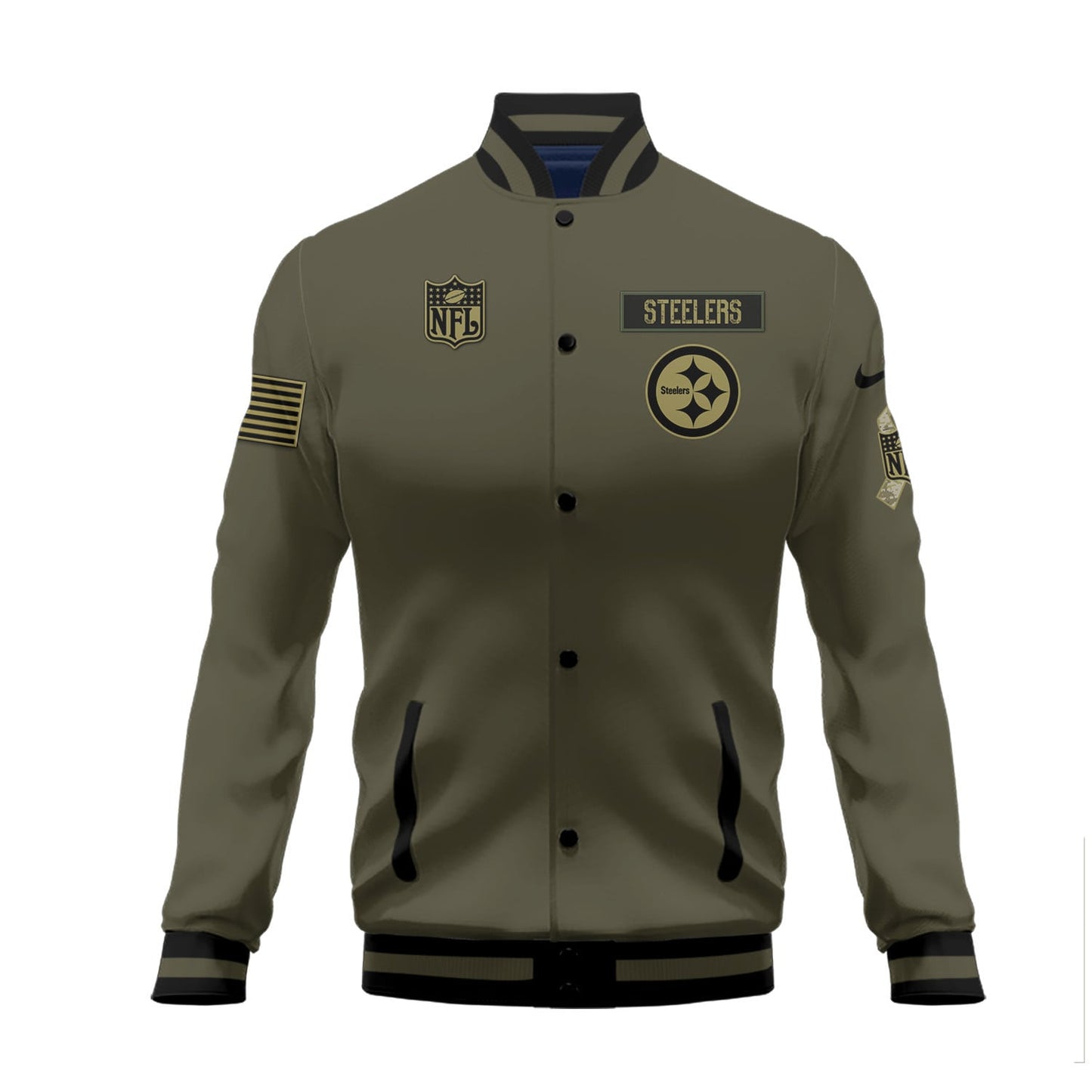 Pittsburgh Steelers 2023 Salute To Service Club Baseball Jacket Varsity Jacket - Green - All-Over-Printed Jacket